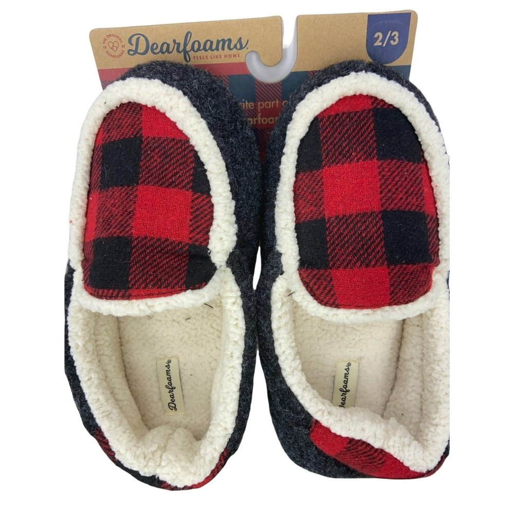 Dearfoams Boys Girls Plaid Multi Fab Moccasins Slippers 2/3